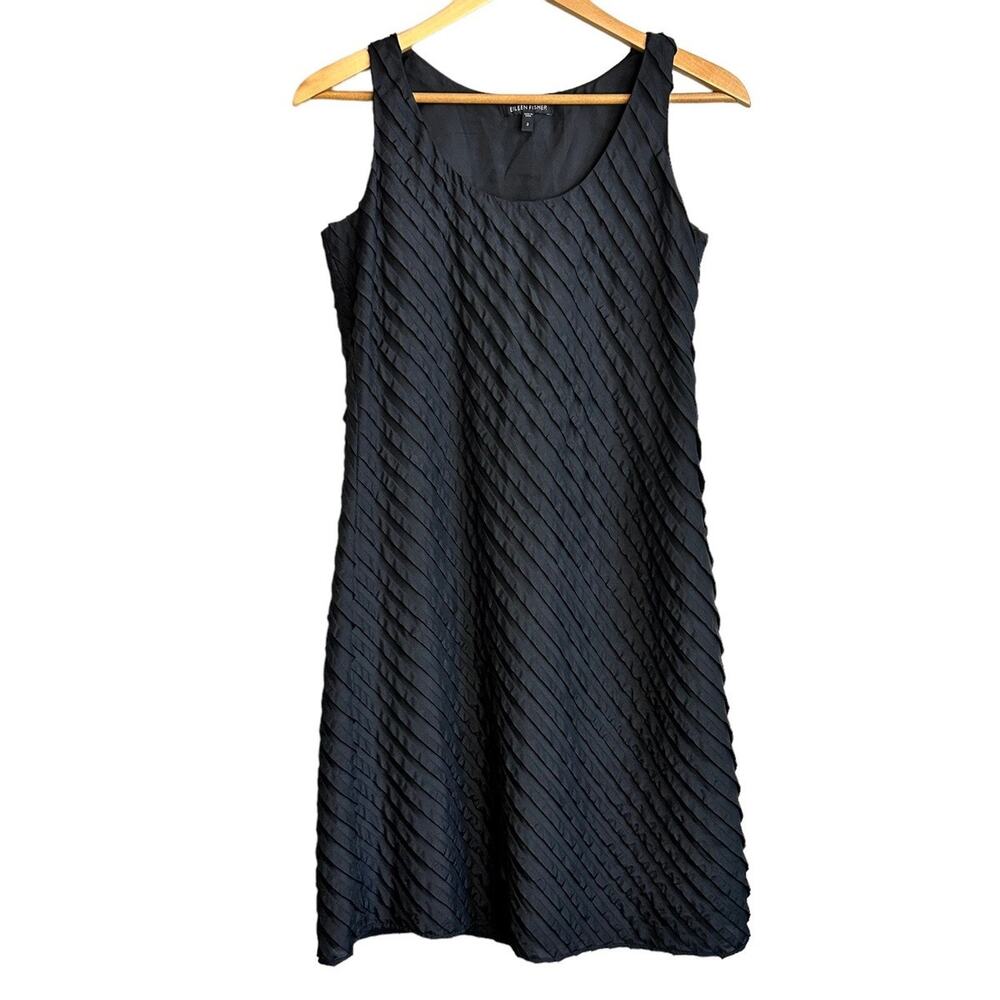 Eileen Fisher Women's Black Silk Pleated Round-neck Dress Sz 8
